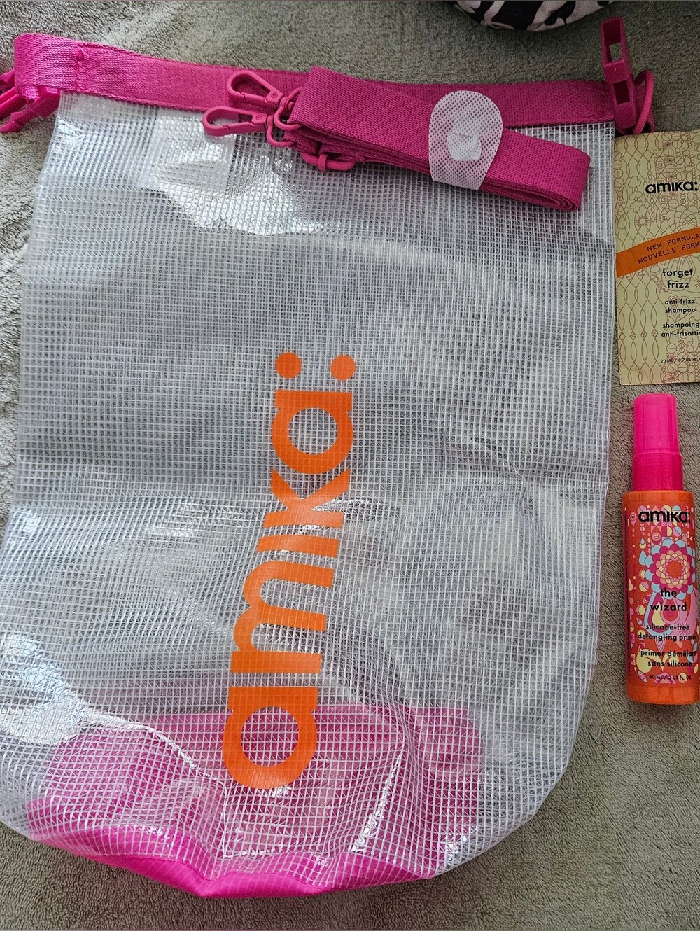 amika Hot Pink Clear Mesh Travel Tote with Orange Logo And Products!